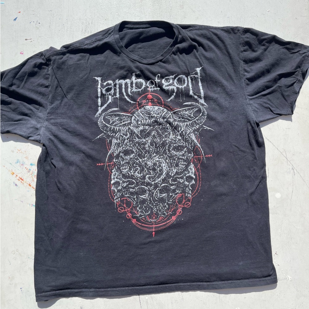 Men's Lamb of God T-Shirt Black Spell-Out 2XL Metal Screamo Heavy Groove Y2K
